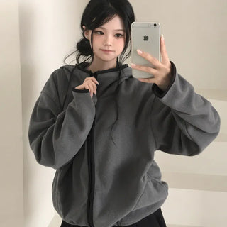 Protective Instinct Oversized Fit, Matcha Chocolate Contrast Drawstring Two-way Avant-garde Boxy Loose Fit High-neck Fleece Zip-up Hoodie