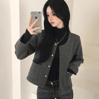 Collarless Round Gold Button Wool Short Jacket for Wedding Guests