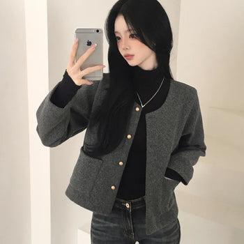 Collarless Round Gold Button Wool Short Jacket for Wedding Guests
