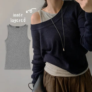 Cheese Layered Ribbed Sleeveless Knit Inner Sleeveless Breast Cover Long Sleeveless Boat Neck Lip Neck Transitional Season Autumn