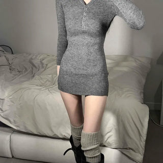 Blurch V-Neck Collared Knit Slim Mini Dress