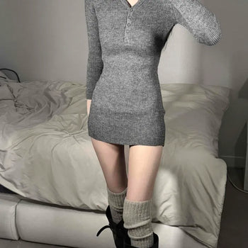 Blurch V-Neck Collared Knit Slim Mini Dress