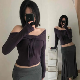 Off-shoulder Tie Slim Fit Slip Layered Crop Tencel Long Sleeve T-shirt