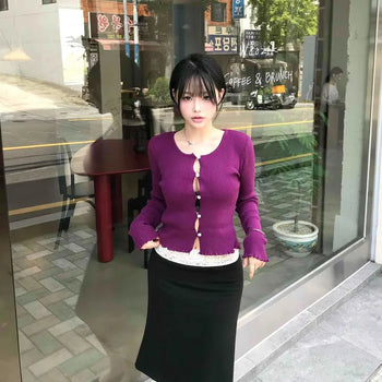 Tommy Hole Button Frill Ribbed Slim Cardigan