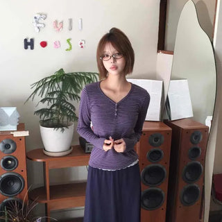 Purple Core-`♥´- Henley Neck Striped Slim Loose Long Sleeve T-shirt
