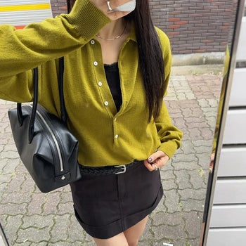 Loading Wool Collar Deep V-Neck Button Oversized Loose Fit Knit