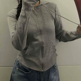 French Terry Slim Fit Semi-Crop Sleeve Warmer Waist Cinched Drawstring Pocket Zip-Up Hoodie