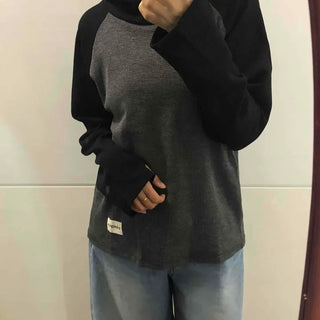 Waffle Raglan Contrast Patch Fingerhole Oversized Hoodie