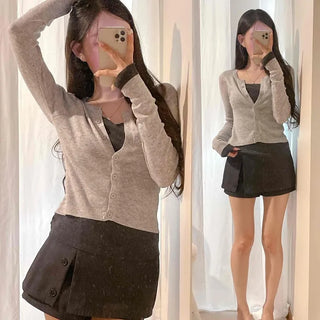 Ribbed Contrast Button Sleeveless Set Slim Fit Knit Cardigan