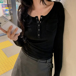 Joy U-neck Button Long Sleeve Tee Henley Neck Pocket Delicate Fit Slim Fit Inner Tee Jacket Inner Long Sleeve T-shirt Autumn