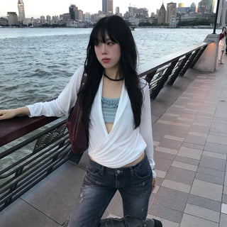 Shirred Drape Wrap T-shirt  / Layered Long Sleeve / Autumn Long Sleeve