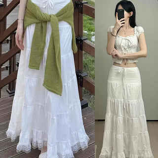Pores Lace Elastic Maxi Long Skirt