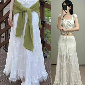 Pores Lace Elastic Maxi Long Skirt