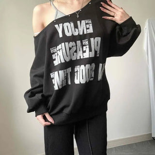 Off-shoulder Raglan Lettering Logo Studded Loose Fit Sweatshirt