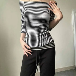 Vivi Striped Off-Shoulder Slim Cotton 3/4 Sleeve T-shirt