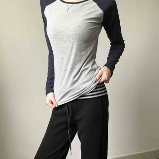 Boat Neck Color Block Back-of-Hand Knit Slim Fit Long Sleeve T-shirt