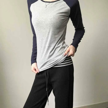 Boat Neck Color Block Back-of-Hand Knit Slim Fit Long Sleeve T-shirt