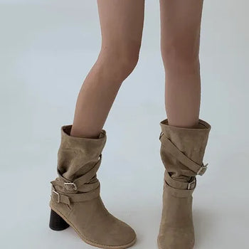 Suede Thigh Heel Two-Belt Point Ankle Boots