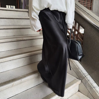 Murphy Satin Silk String H-Line Low-Rise Flare Long Maxi Skirt