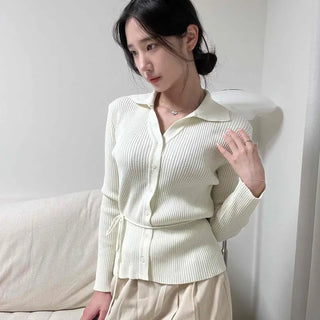 Shirt Collar Ribbed Waist Tie Slim Fit Knit Cardigan