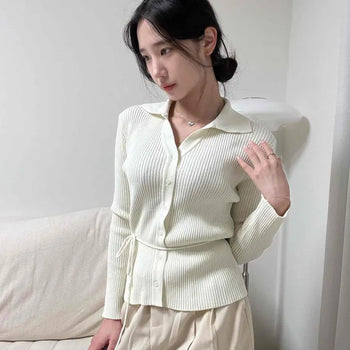 Shirt Collar Ribbed Waist Tie Slim Fit Knit Cardigan