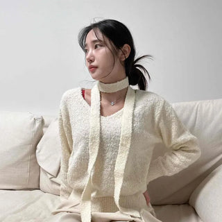 Angora Fur V-neck Ribbon Crop Scarf Set Knit
