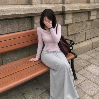High-Waisted String Elastic Cuff Cotton Training Maxi Long Skirt
