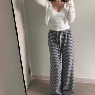 Striped Towel Fleece Knit Elastic Waist Wide Long Pants