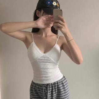 Ribbed Knit Lace Cross V-Neck Slim Fit Semi-Crop Sleeveless