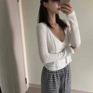 Open V-neck Ribbed Thin Modal Delicate Fit Crop Cardigan
