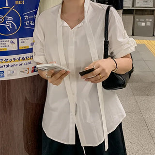 Knot Tie Roll-up Shirt, 3/4 Sleeve, Oversized, Loose Fit, Body Cover, Tie Blouse, Work Look, Wedding Guest Look