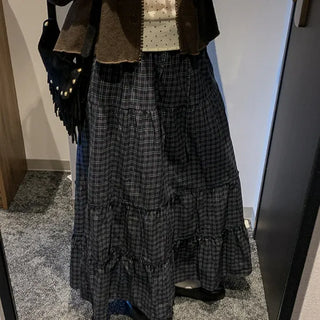 Manet check frill long skirt tiered skirt petticoat vintage maxi skirt autumn