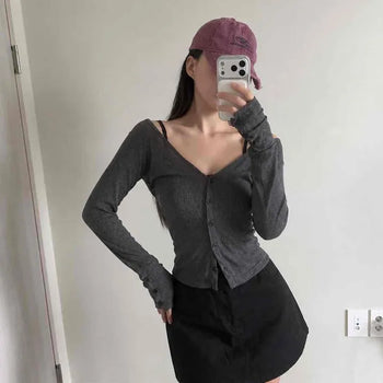 Deep V-Neck Ribbed See-through Button-Sleeve Slim Fit Knit Cardigan