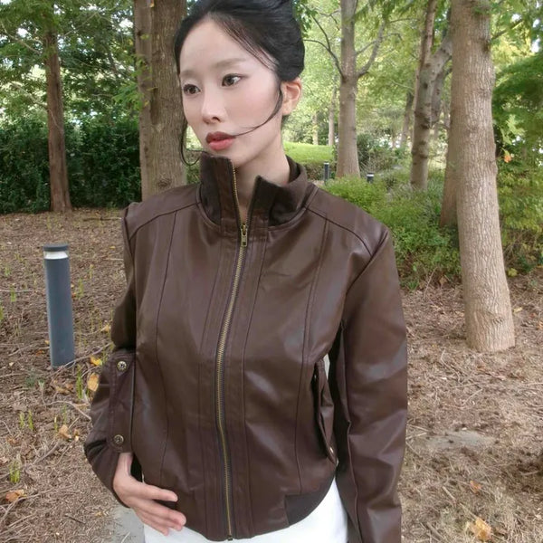 Faux Leather Hooded Crop Slim Fit Jacket