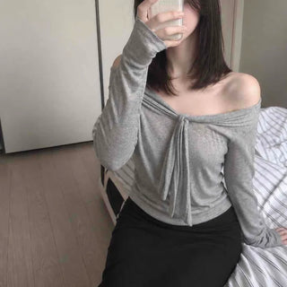 Off-shoulder Ribbon Tie See-through Layered Crop Loose Fit Long Sleeve T-shirt