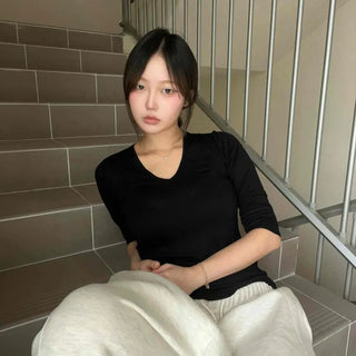 Deep V-Neck Shirred See-through Modal Loose Fit Long Sleeve T-shirt