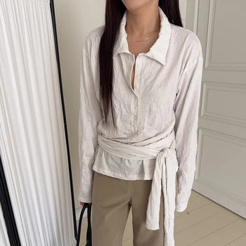 Rich Wrinkle Loose Fit Scarf Set Collared Long Sleeve T-shirt