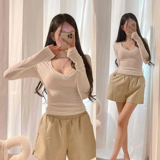Deep V-Neck Ribbed Stretchy Cinched Fit Long Sleeve Knit T-Shirt