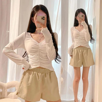 V-Neck Shirred Slim Fit Crop Long Sleeve T-Shirt