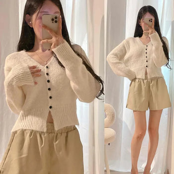 Angora Wool V-Neck Buttonless Loose Fit Crop Cardigan