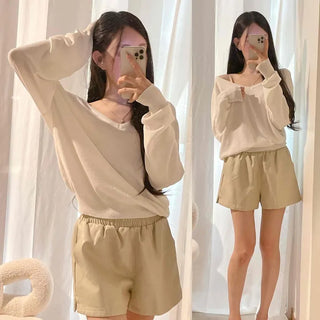 Deep V-Neck Cooling Knit Oversized Long Sleeve T-Shirt