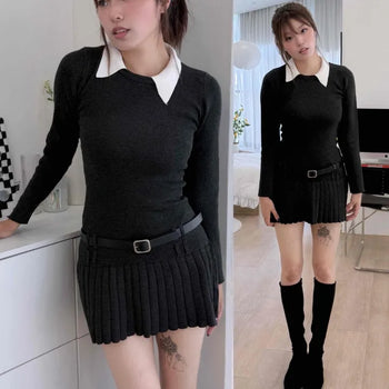 Collared Knit Slim Fit Long Sleeve Flare Belt Set Mini Dress