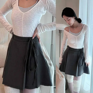 High-waisted Ribbon Pintuck Pleated Denim A-line Midi Skirt