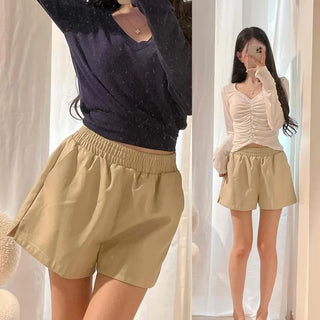 Leather High-Waisted Elastic Side Slit Wide-Length Shorts