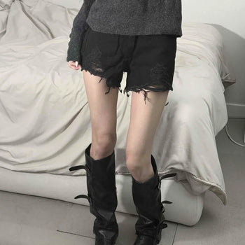 High-waisted Slim-fit Cutout Button Pocket Cotton Denim Shorts