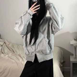 Semi-Crop Loose Fit Two-Way Cotton Zip-Up Hoodie
