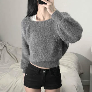 Pine Needle Square Off-Shoulder Angora Cinched Waist Loose Fit Crop Knit