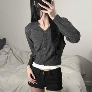 Cashmere Wool V-Neck Loose Fit Crop Layered Elastic Button Cardigan
