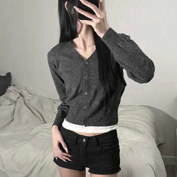 Cashmere Wool V-Neck Loose Fit Crop Layered Elastic Button Cardigan
