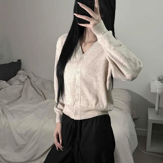 V-Neck Button Cinched Waist Cropped Knit Cardigan